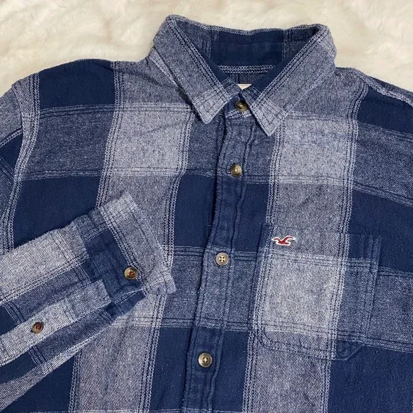 Hollister Mens Blue Plaid Cotton Flannel Button Down Shirt Medium Grunge Preppy - Picture 1 of 9